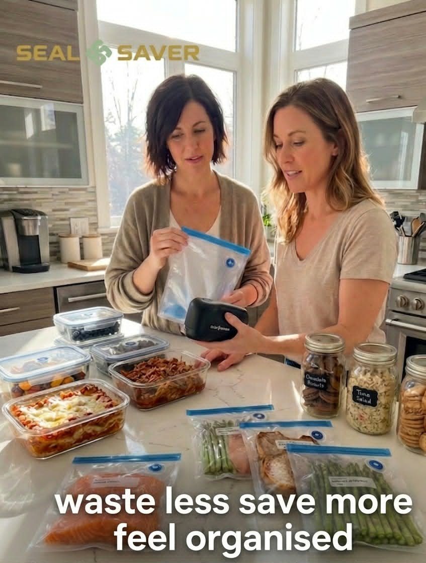 Two friends using SealSaver in the kitchen to waste less, save more and feel organised